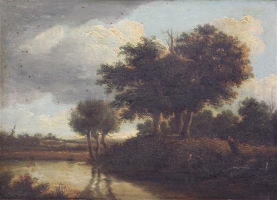 Norwich School Angler in a river landscape 7.25 x 10in.